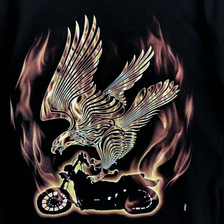 Planet Earth Fire Pattern Eagle Pattern Long-Sleeve T-Shirt (Men's Size L) cotton black type Vintage Second Hand