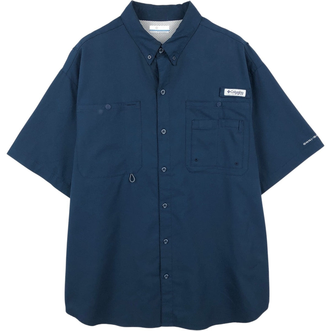 Columbia PFG OMNI-SHADE Omni-Shade Button-down Short Sleeve Fishing Shirt, Men's Size L polyester navy blue type Vintage Second Hand