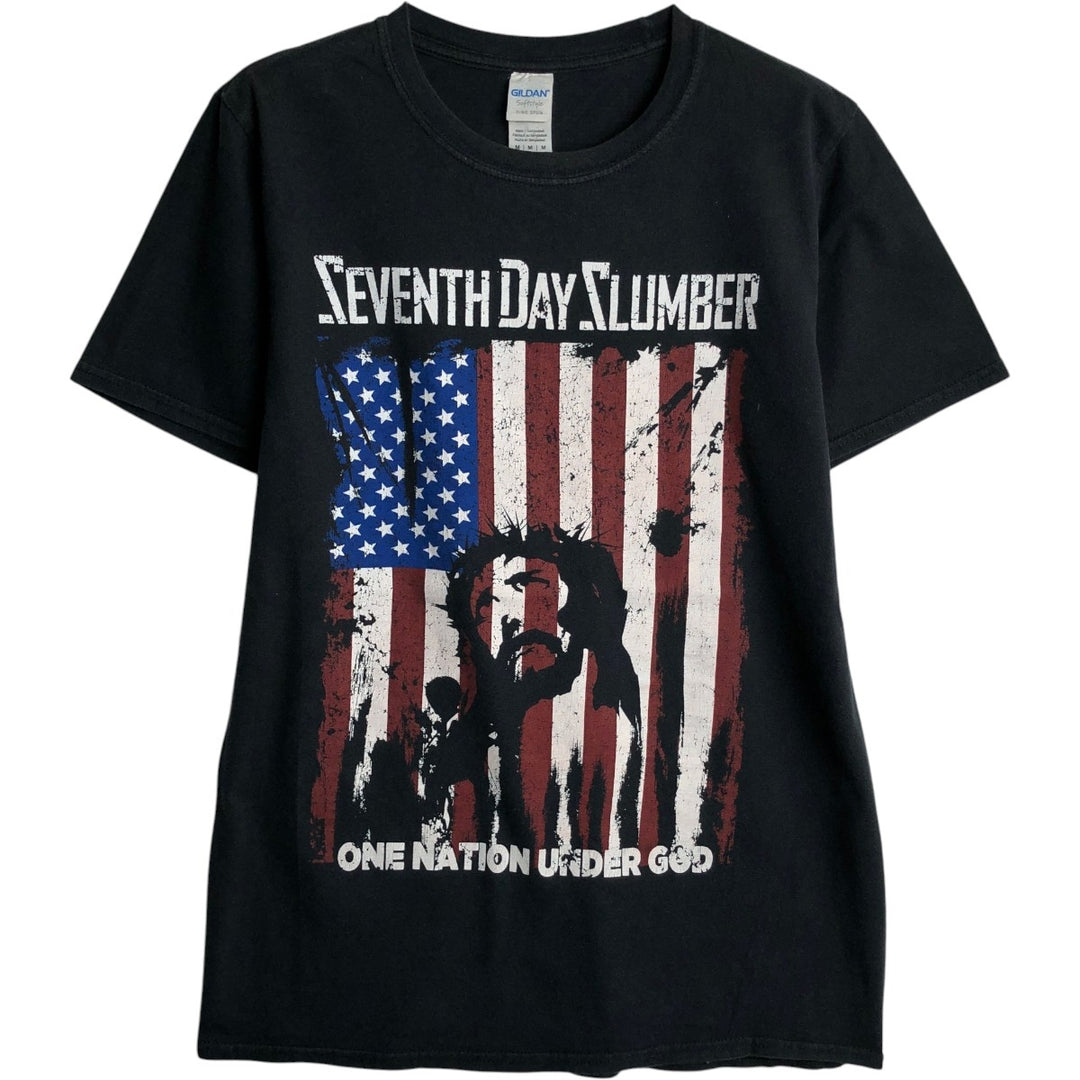 Gildan Seventh Day Slumber American flag pattern band t-shirt, men's size M equivalent. cotton black type Vintage Second Hand