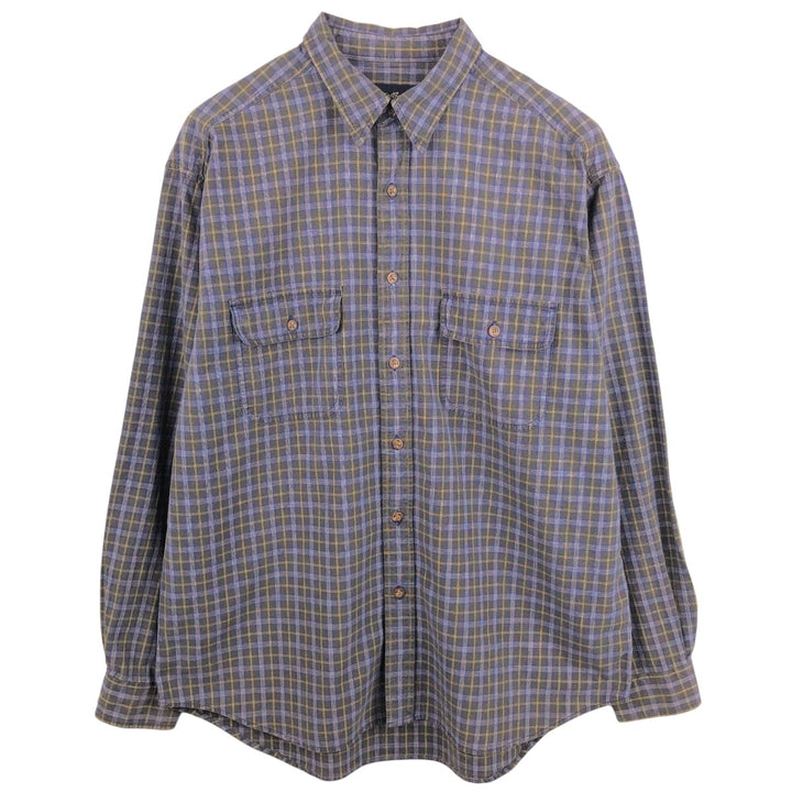 Eddie Bauer Check Pattern Long-Sleeve Cotton Check Shirt, Men's Size L (approx.) cotton Khaki type Vintage Second Hand