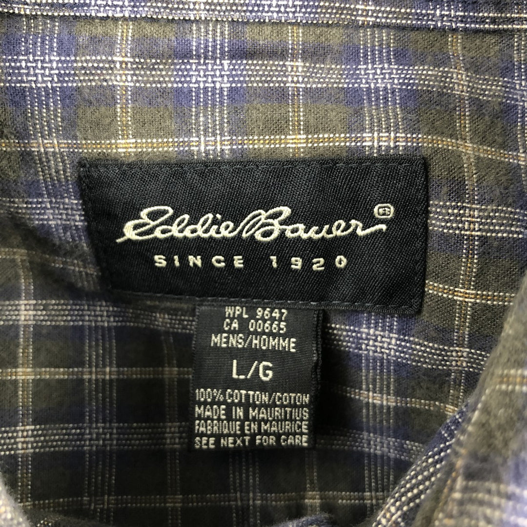 Eddie Bauer Check Pattern Long-Sleeve Cotton Check Shirt, Men's Size L (approx.) cotton Khaki type Vintage Second Hand