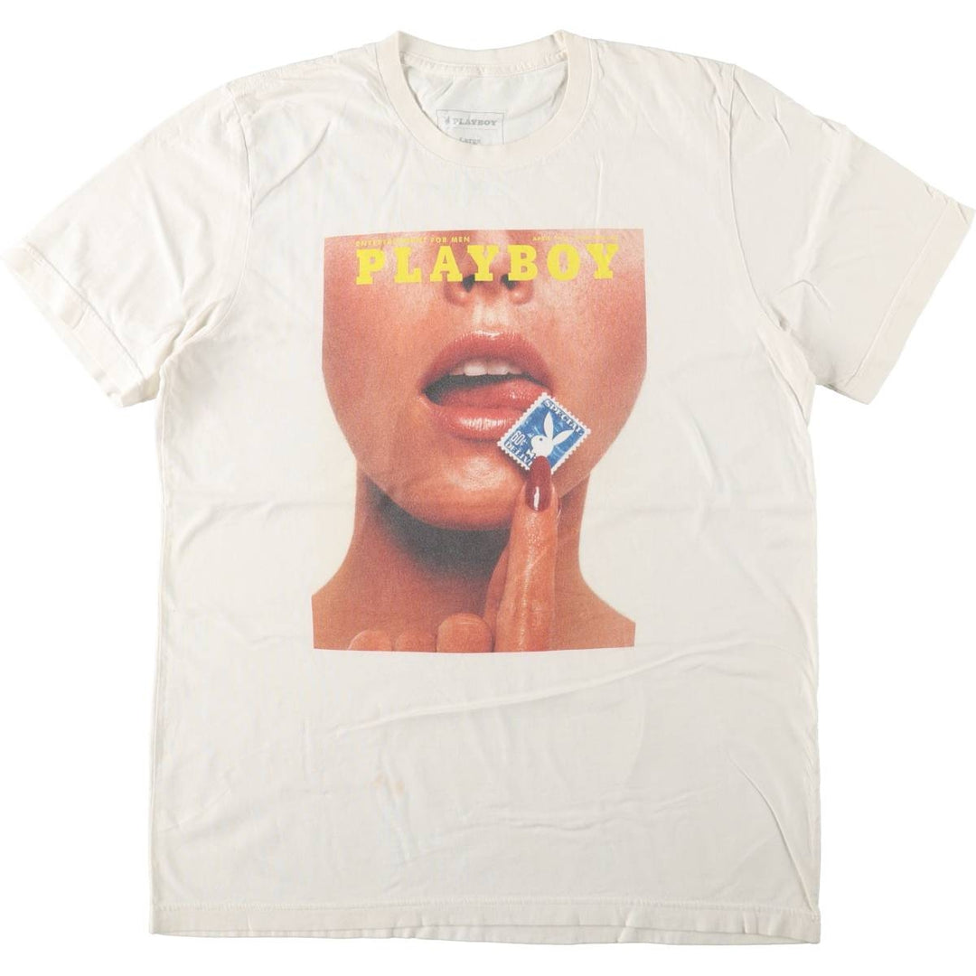 PLAYBOY Short-Sleeve Printed T-Shirt, Men's Size L (approx.) cotton white type Vintage Second Hand