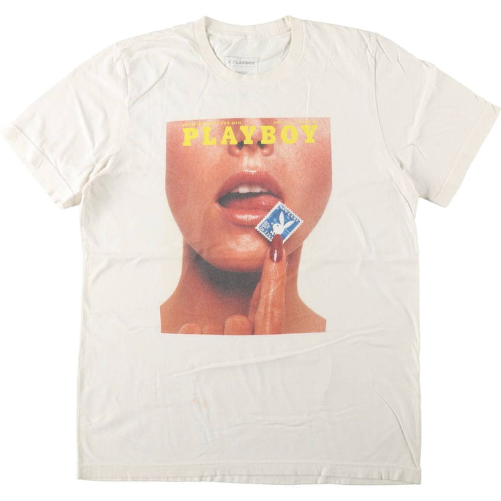 PLAYBOY Short-Sleeve Printed T-Shirt, Men's Size L (approx.) cotton white type Vintage Second Hand