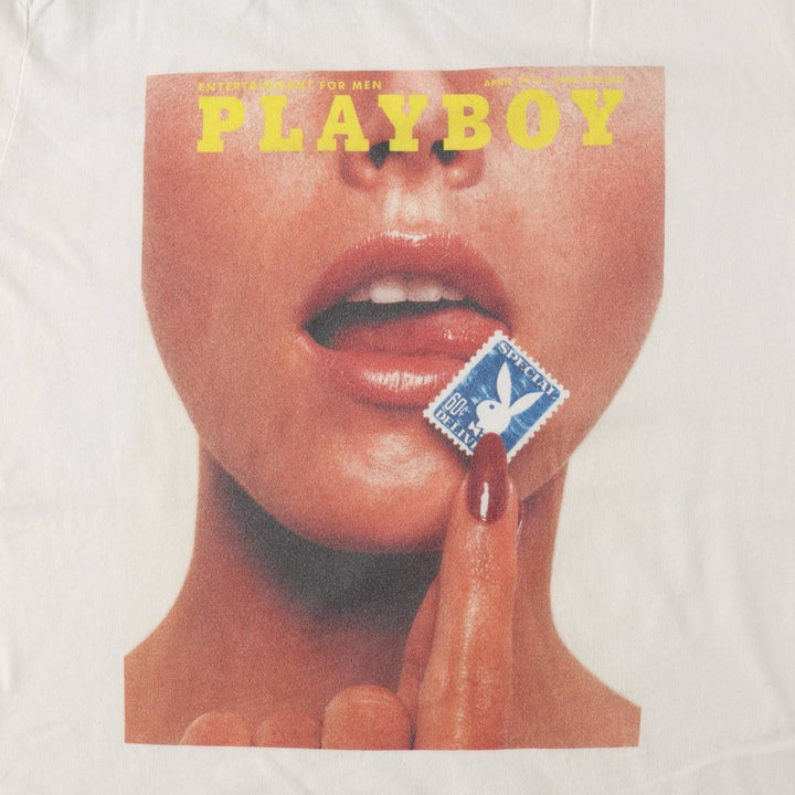 PLAYBOY Short-Sleeve Printed T-Shirt, Men's Size L (approx.) cotton white type Vintage Second Hand