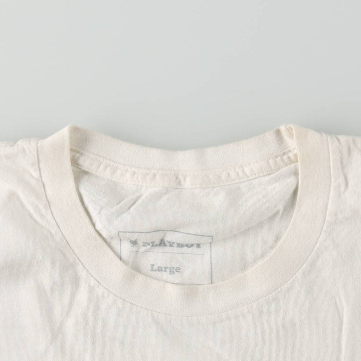 PLAYBOY Short-Sleeve Printed T-Shirt, Men's Size L (approx.) cotton white type Vintage Second Hand