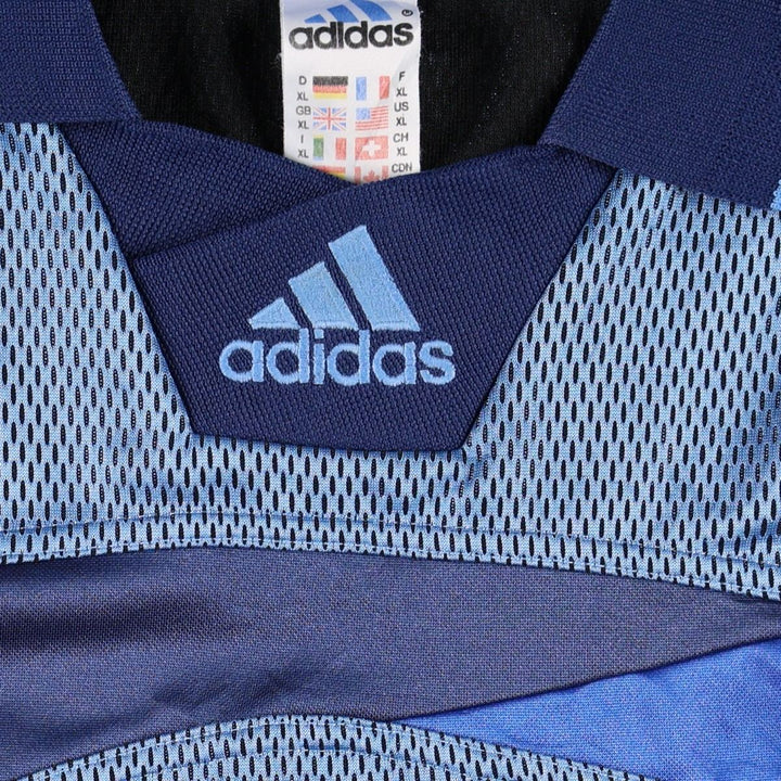 90'S Adidas mesh collared 3/4 sleeve soccer jersey game shirt, men's size XL equivalent, vintage. polyester blue type Vintage Second Hand