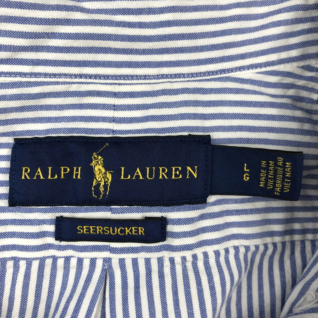Ralph Lauren SEERSUCKER Short-Sleeve Button-Down Striped Shirt, Men's Size L (approx.) cotton Blue type light blue Vintage Second Hand
