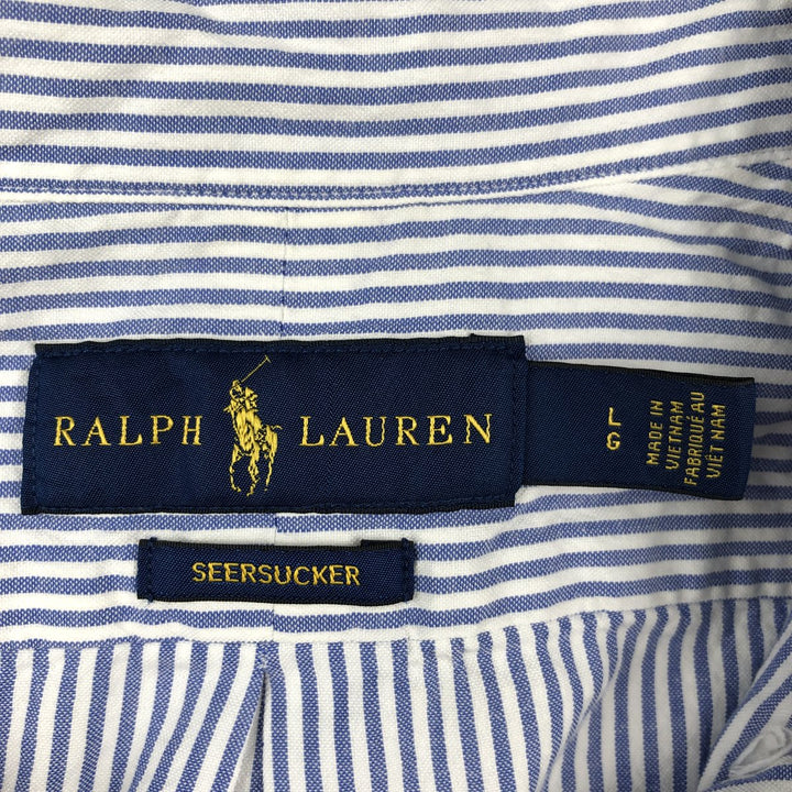 Ralph Lauren SEERSUCKER Short-Sleeve Button-Down Striped Shirt, Men's Size L (approx.) cotton Blue type light blue Vintage Second Hand