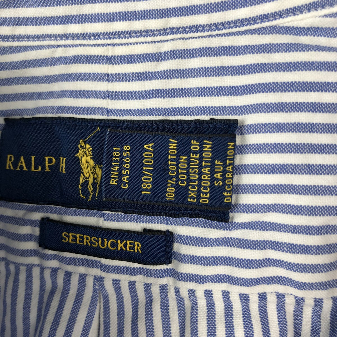Ralph Lauren SEERSUCKER Short-Sleeve Button-Down Striped Shirt, Men's Size L (approx.) cotton Blue type light blue Vintage Second Hand