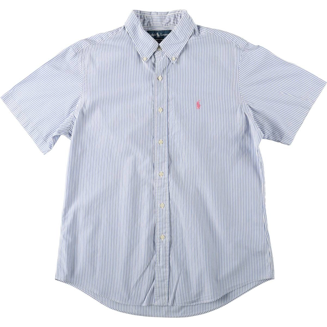 Ralph Lauren CUSTOM FIT short sleeve button down striped shirt men's size L cotton Blue type light blue Vintage Second Hand