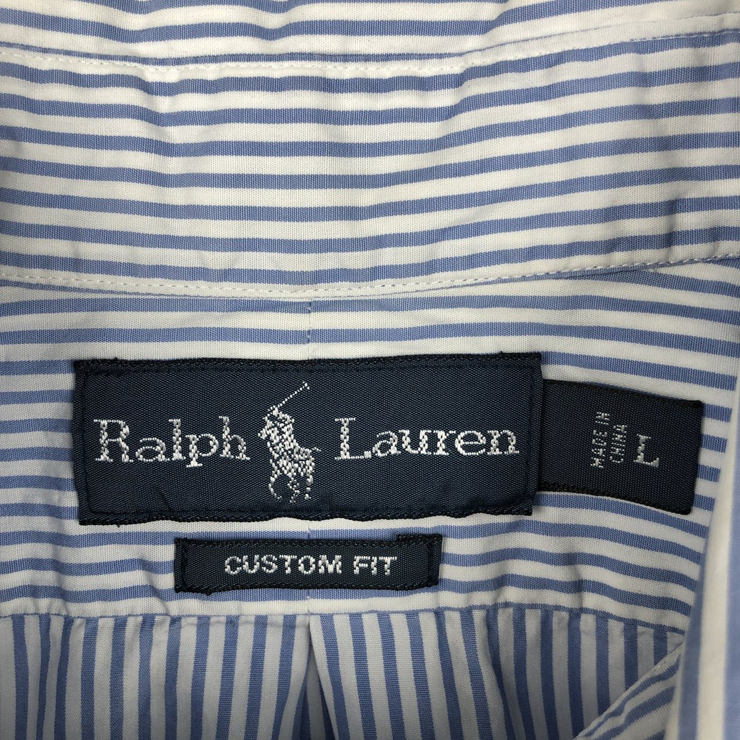 Ralph Lauren CUSTOM FIT short sleeve button down striped shirt men's size L cotton Blue type light blue Vintage Second Hand