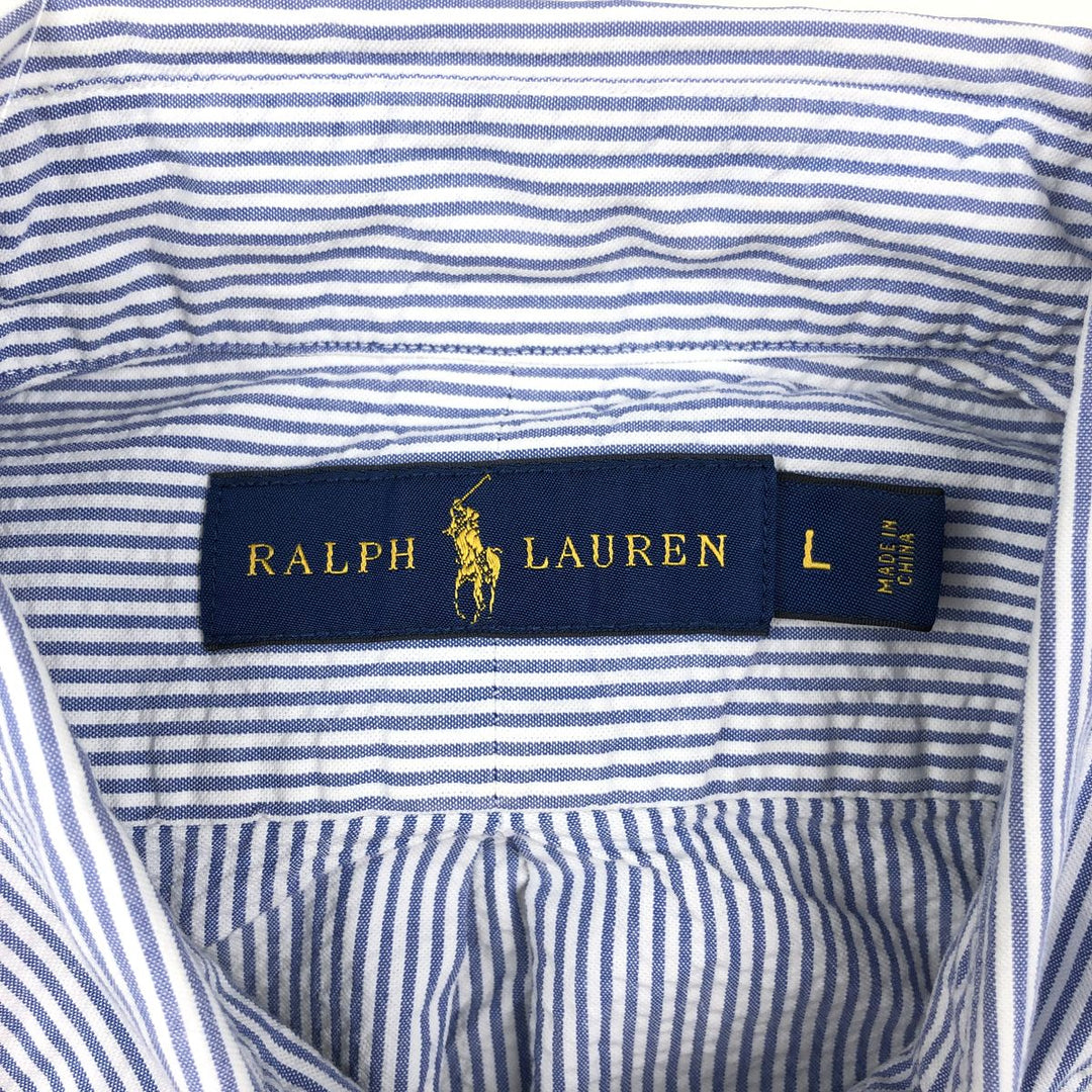 Ralph Lauren Seersucker Short Sleeve Button-Down Striped Shirt, Men's Size L cotton blue type Vintage Second Hand
