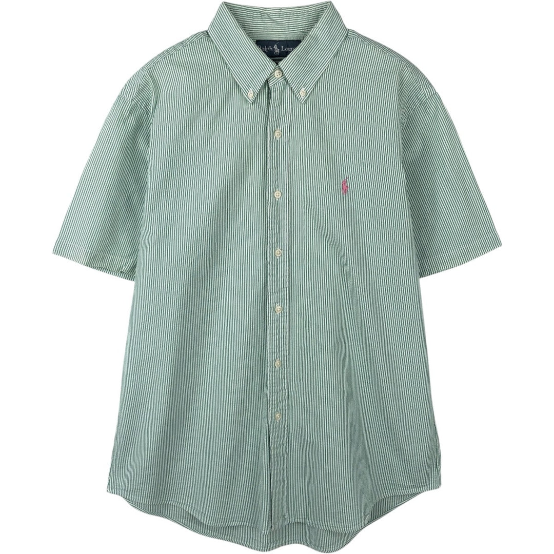 Ralph Lauren CUSTOM FIT Seersucker Short-Sleeve Button-Down Striped Shirt, Men's Size L (approx.) cotton green type Vintage Second Hand