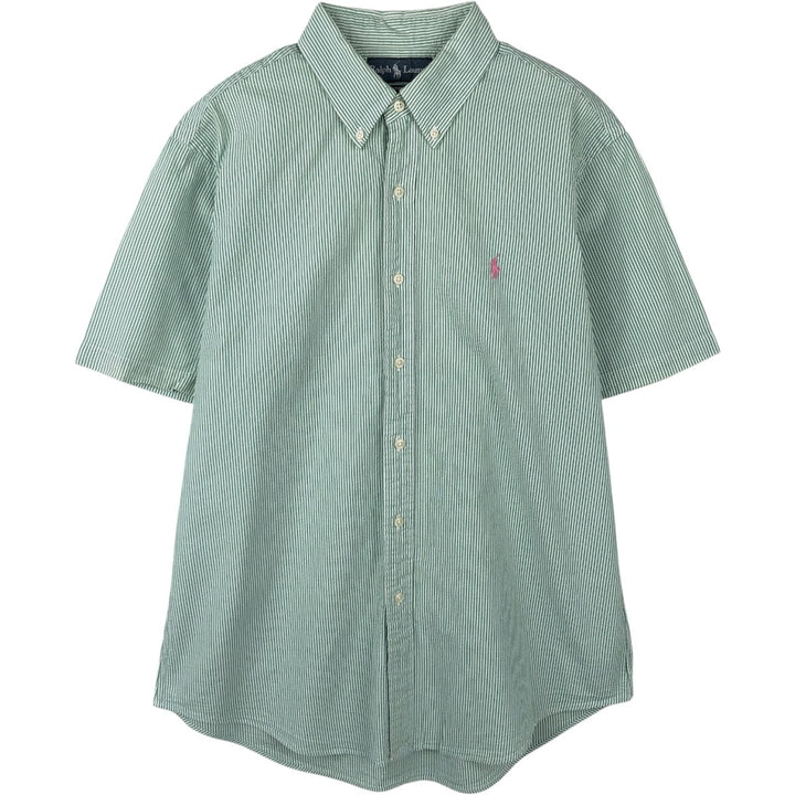 Ralph Lauren CUSTOM FIT Seersucker Short-Sleeve Button-Down Striped Shirt, Men's Size L (approx.) cotton green type Vintage Second Hand