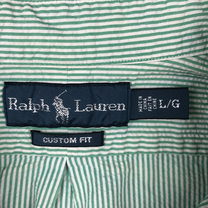Ralph Lauren CUSTOM FIT Seersucker Short-Sleeve Button-Down Striped Shirt, Men's Size L (approx.) cotton green type Vintage Second Hand