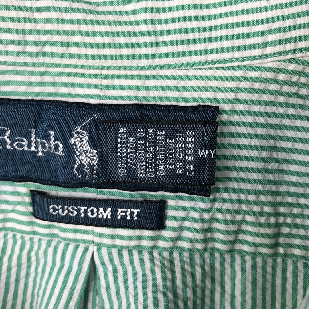 Ralph Lauren CUSTOM FIT Seersucker Short-Sleeve Button-Down Striped Shirt, Men's Size L (approx.) cotton green type Vintage Second Hand