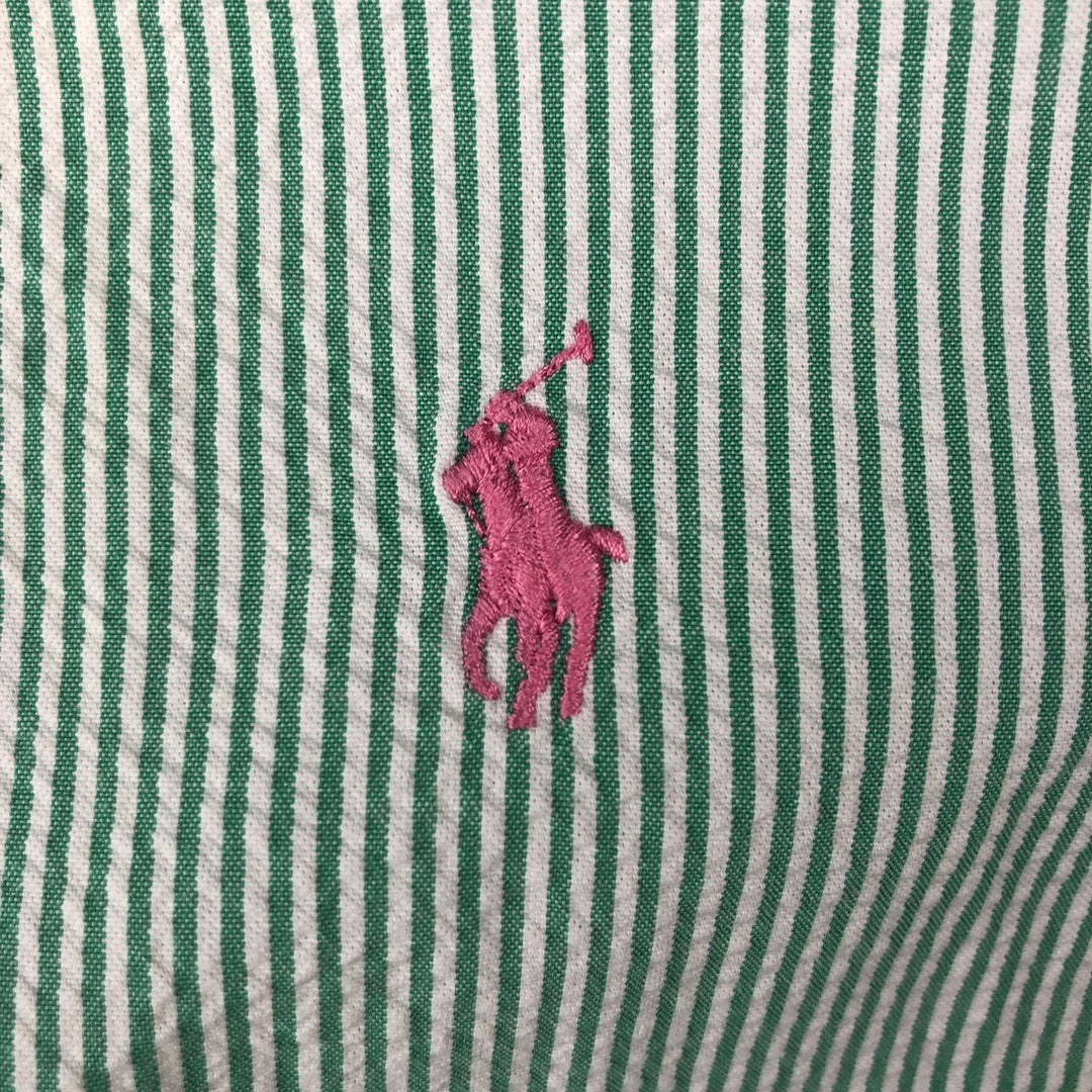 Ralph Lauren CUSTOM FIT Seersucker Short-Sleeve Button-Down Striped Shirt, Men's Size L (approx.) cotton green type Vintage Second Hand