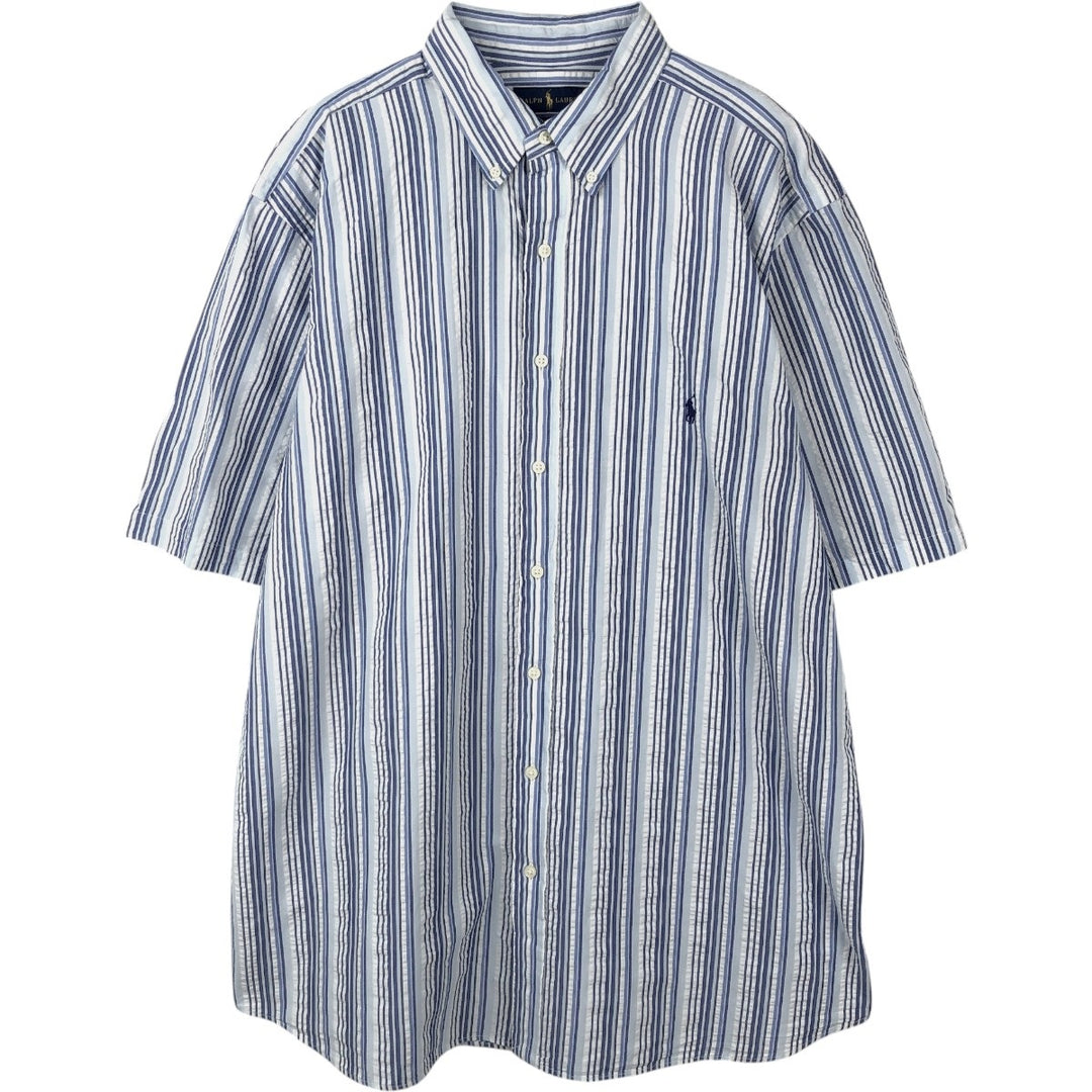 Ralph Lauren RL Untucked Fit Seersucker Multi-Stripe Short-Sleeve Button-Down Striped Shirt, Men's Size XL (approx.) cotton blue type Vintage Second Hand