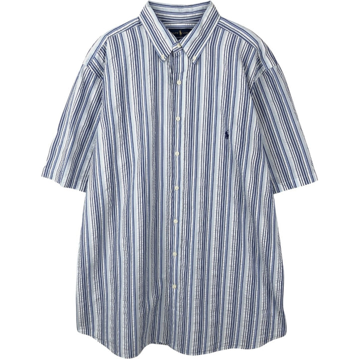 Ralph Lauren RL Untucked Fit Seersucker Multi-Stripe Short-Sleeve Button-Down Striped Shirt, Men's Size XL (approx.) cotton blue type Vintage Second Hand