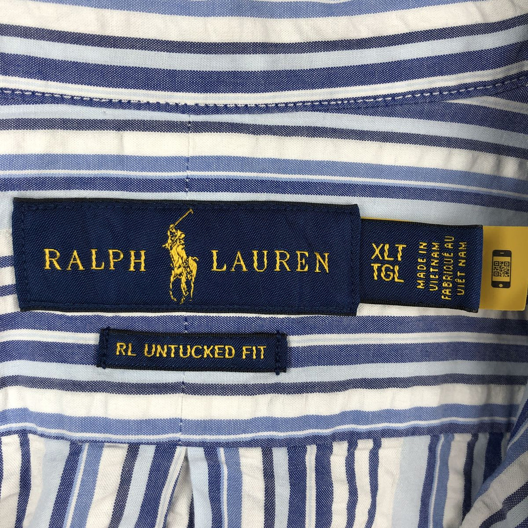 Ralph Lauren RL Untucked Fit Seersucker Multi-Stripe Short-Sleeve Button-Down Striped Shirt, Men's Size XL (approx.) cotton blue type Vintage Second Hand