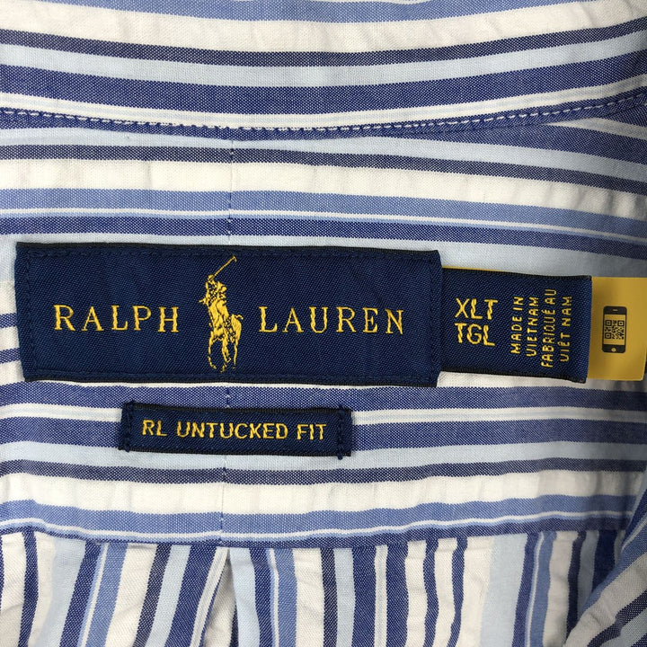 Ralph Lauren RL Untucked Fit Seersucker Multi-Stripe Short-Sleeve Button-Down Striped Shirt, Men's Size XL (approx.) cotton blue type Vintage Second Hand