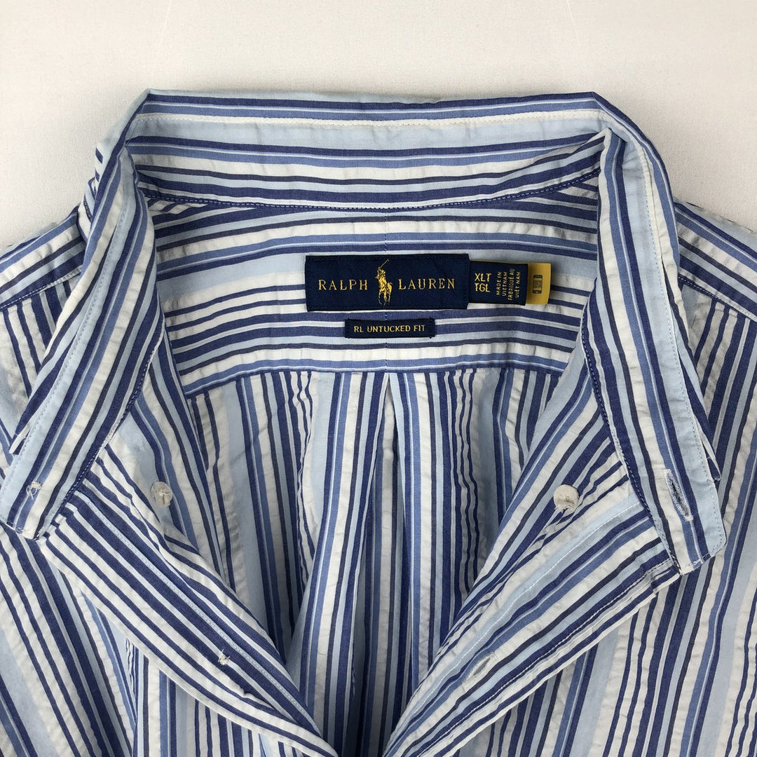 Ralph Lauren RL Untucked Fit Seersucker Multi-Stripe Short-Sleeve Button-Down Striped Shirt, Men's Size XL (approx.) cotton blue type Vintage Second Hand