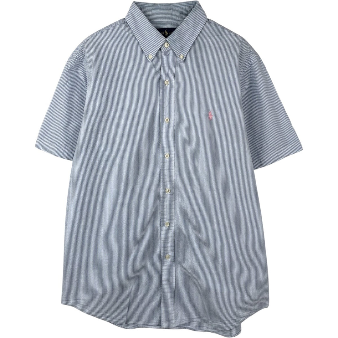Ralph Lauren Seersucker Short Sleeve Button-Down Striped Shirt, Men's Size L cotton Blue type light blue Vintage Second Hand