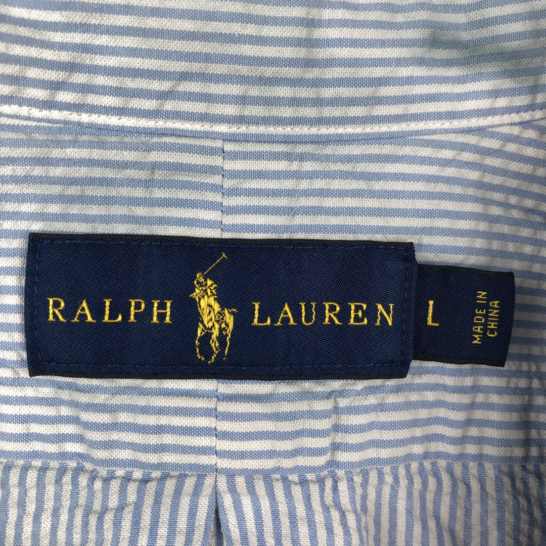 Ralph Lauren Seersucker Short Sleeve Button-Down Striped Shirt, Men's Size L cotton Blue type light blue Vintage Second Hand