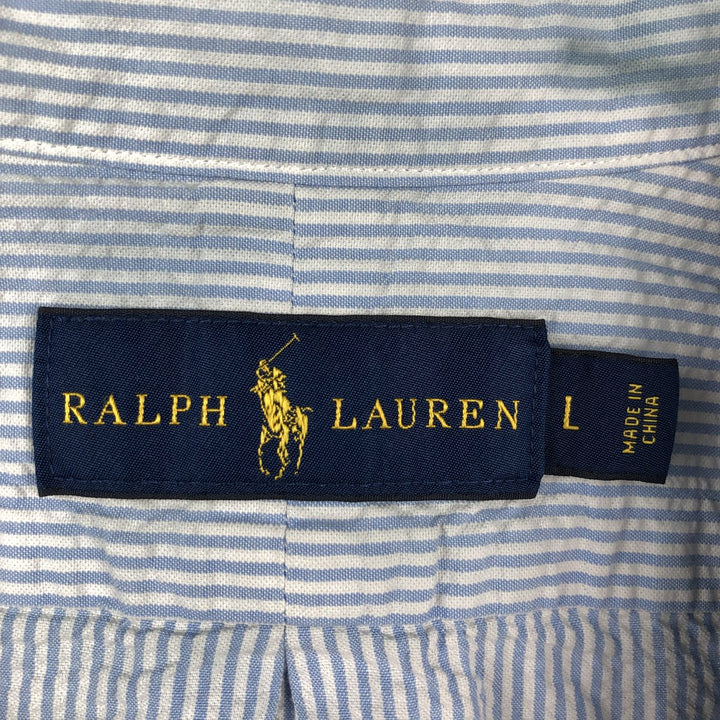 Ralph Lauren Seersucker Short Sleeve Button-Down Striped Shirt, Men's Size L cotton Blue type light blue Vintage Second Hand