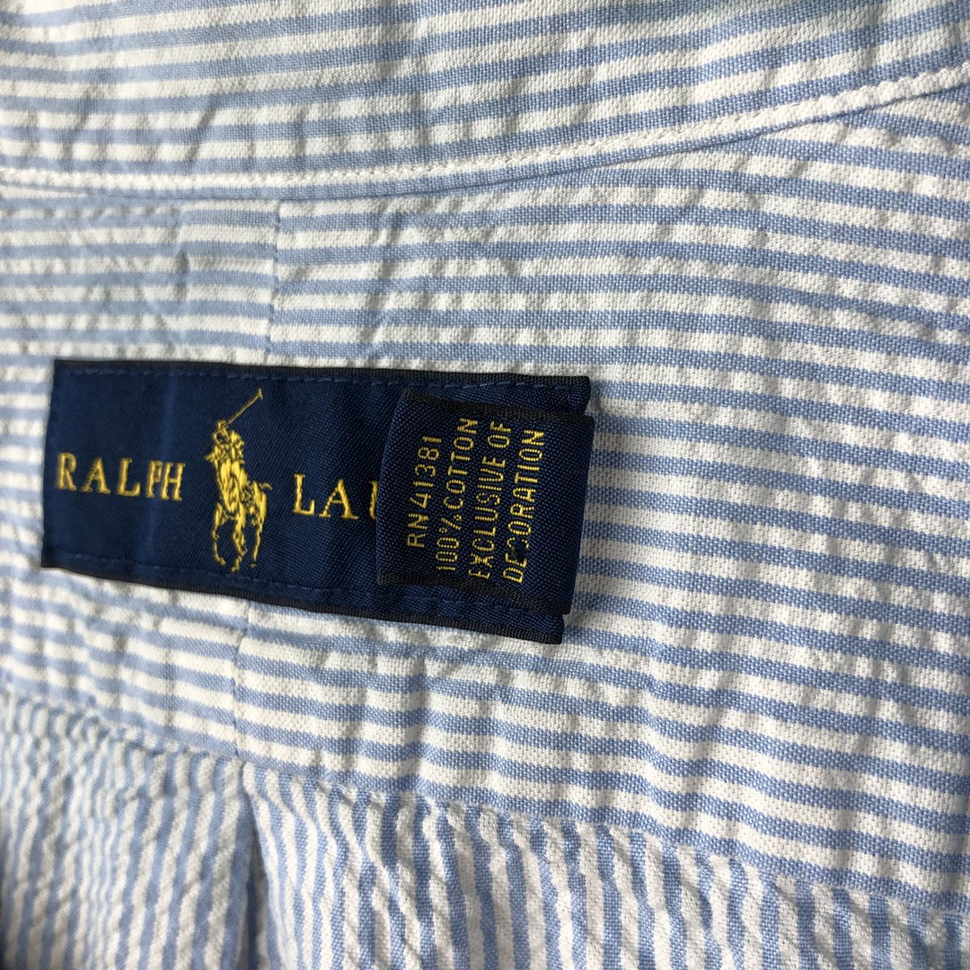 Ralph Lauren Seersucker Short Sleeve Button-Down Striped Shirt, Men's Size L cotton Blue type light blue Vintage Second Hand