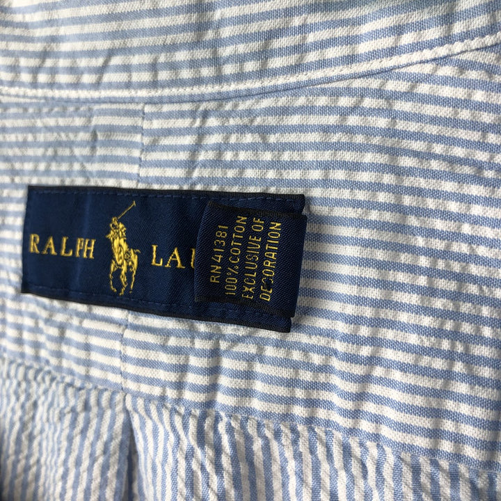 Ralph Lauren Seersucker Short Sleeve Button-Down Striped Shirt, Men's Size L cotton Blue type light blue Vintage Second Hand