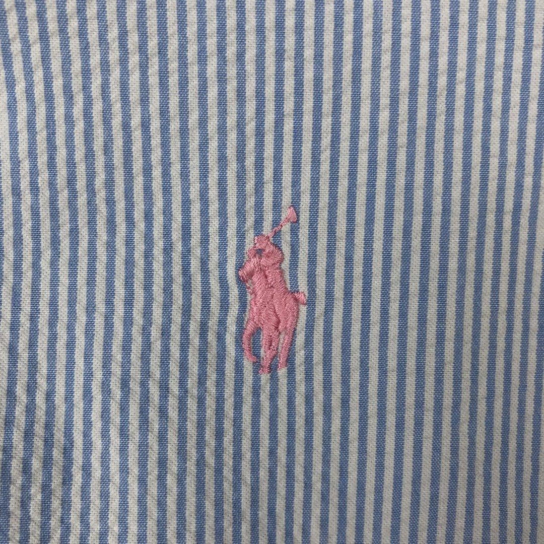 Ralph Lauren Seersucker Short Sleeve Button-Down Striped Shirt, Men's Size L cotton Blue type light blue Vintage Second Hand