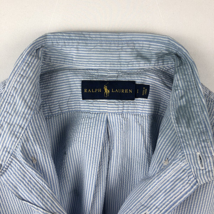 Ralph Lauren Seersucker Short Sleeve Button-Down Striped Shirt, Men's Size L cotton Blue type light blue Vintage Second Hand
