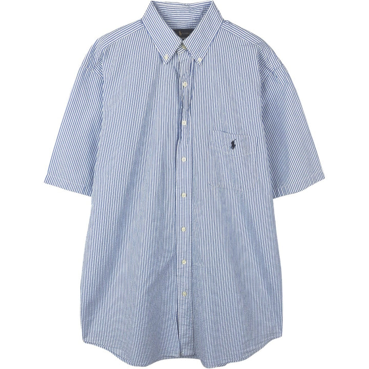 Ralph Lauren SEERSUCKER Short-Sleeve Button-Down Striped Shirt, Men's Size L (approx.) cotton blue type Vintage Second Hand