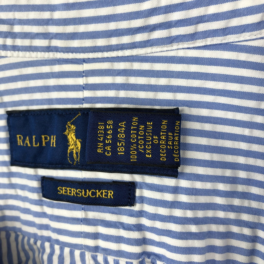 Ralph Lauren SEERSUCKER Short-Sleeve Button-Down Striped Shirt, Men's Size L (approx.) cotton blue type Vintage Second Hand