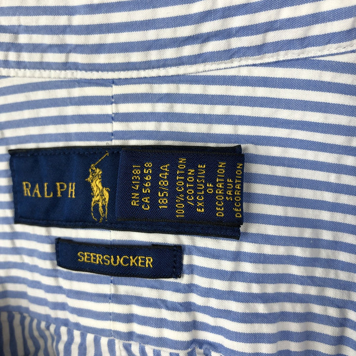 Ralph Lauren SEERSUCKER Short-Sleeve Button-Down Striped Shirt, Men's Size L (approx.) cotton blue type Vintage Second Hand