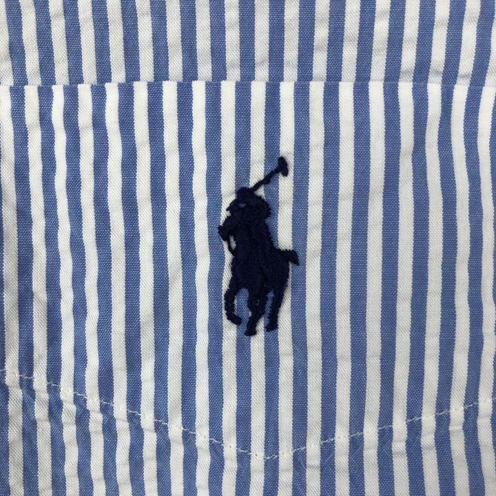 Ralph Lauren SEERSUCKER Short-Sleeve Button-Down Striped Shirt, Men's Size L (approx.) cotton blue type Vintage Second Hand