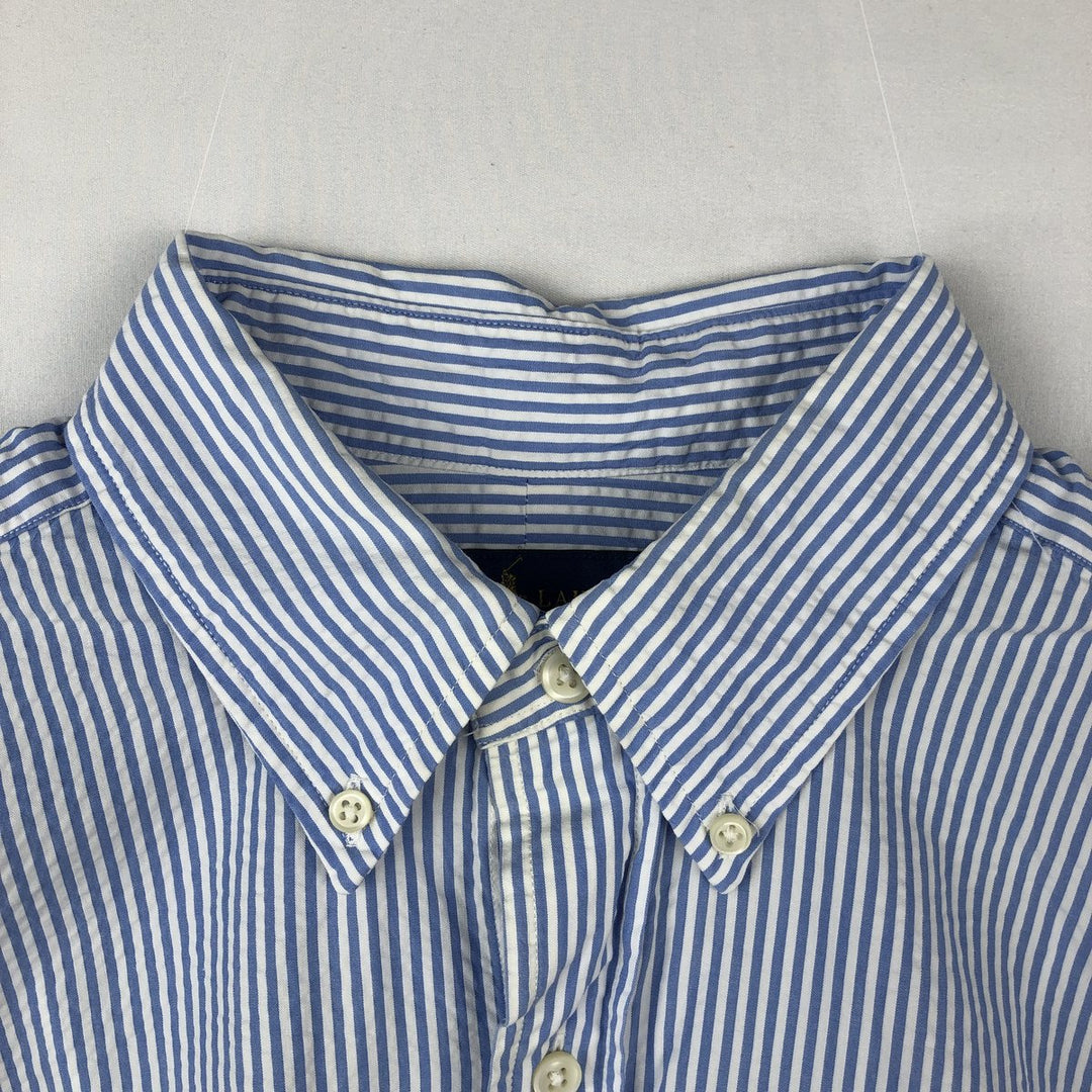 Ralph Lauren SEERSUCKER Short-Sleeve Button-Down Striped Shirt, Men's Size L (approx.) cotton blue type Vintage Second Hand