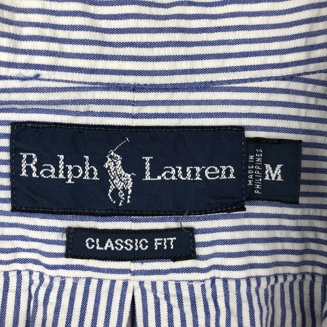 Ralph Lauren CLASSIC FIT Seersucker Stripe Pattern Short-Sleeve Button-Down Stripe Shirt, Men's Size M (approx.) cotton blue type Vintage Second Hand