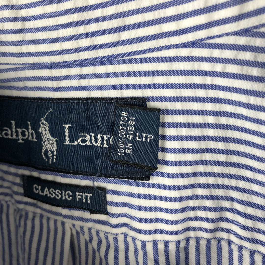 Ralph Lauren CLASSIC FIT Seersucker Stripe Pattern Short-Sleeve Button-Down Stripe Shirt, Men's Size M (approx.) cotton blue type Vintage Second Hand