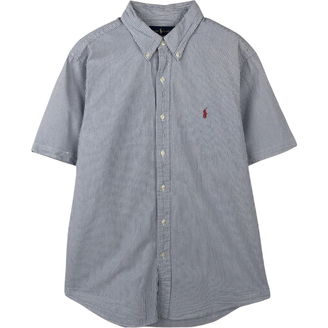 Ralph Lauren Seersucker Short Sleeve Button-Down Striped Shirt, Men's Size L cotton blue type Vintage Second Hand