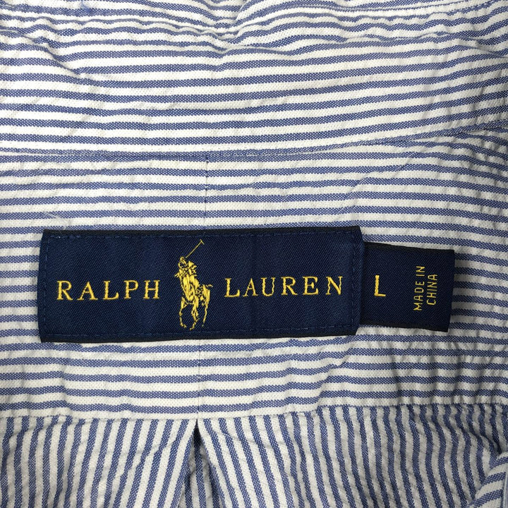 Ralph Lauren Seersucker Short Sleeve Button-Down Striped Shirt, Men's Size L cotton blue type Vintage Second Hand