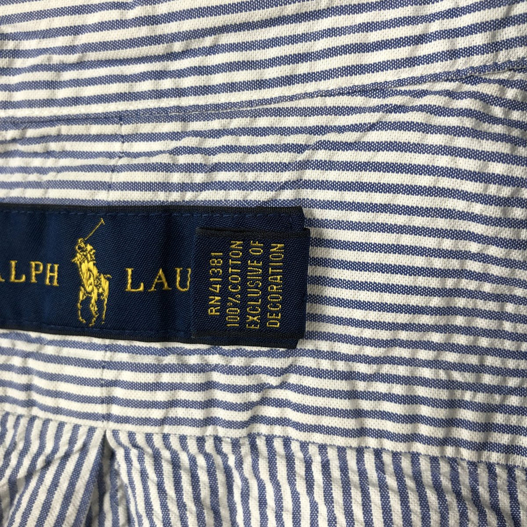 Ralph Lauren Seersucker Short Sleeve Button-Down Striped Shirt, Men's Size L cotton blue type Vintage Second Hand