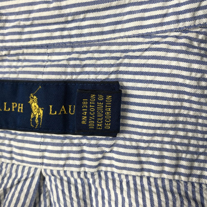 Ralph Lauren Seersucker Short Sleeve Button-Down Striped Shirt, Men's Size L cotton blue type Vintage Second Hand