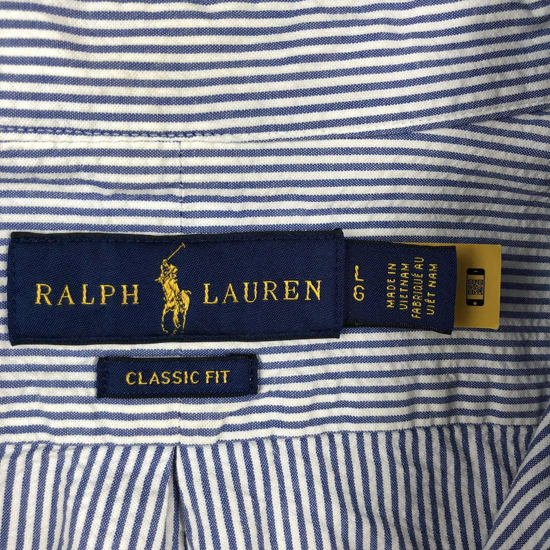 Ralph Lauren CLASSIC FIT Short-Sleeve Button-Down Striped Shirt, Men's Size L (Equivalent), Seersucker cotton blue type Vintage Second Hand