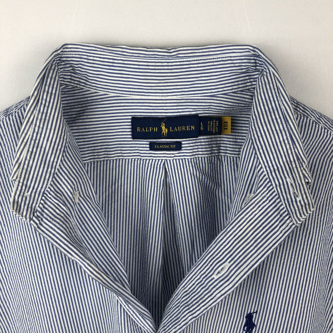 Ralph Lauren CLASSIC FIT Short-Sleeve Button-Down Striped Shirt, Men's Size L (Equivalent), Seersucker cotton blue type Vintage Second Hand
