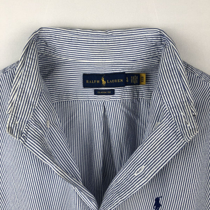 Ralph Lauren CLASSIC FIT Short-Sleeve Button-Down Striped Shirt, Men's Size L (Equivalent), Seersucker cotton blue type Vintage Second Hand