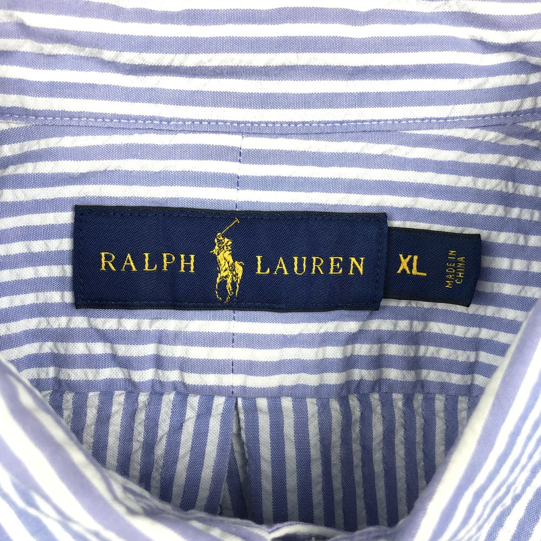 Ralph Lauren Seersucker Short Sleeve Button-Down Striped Shirt Men's XL cotton navy blue type Vintage Second Hand