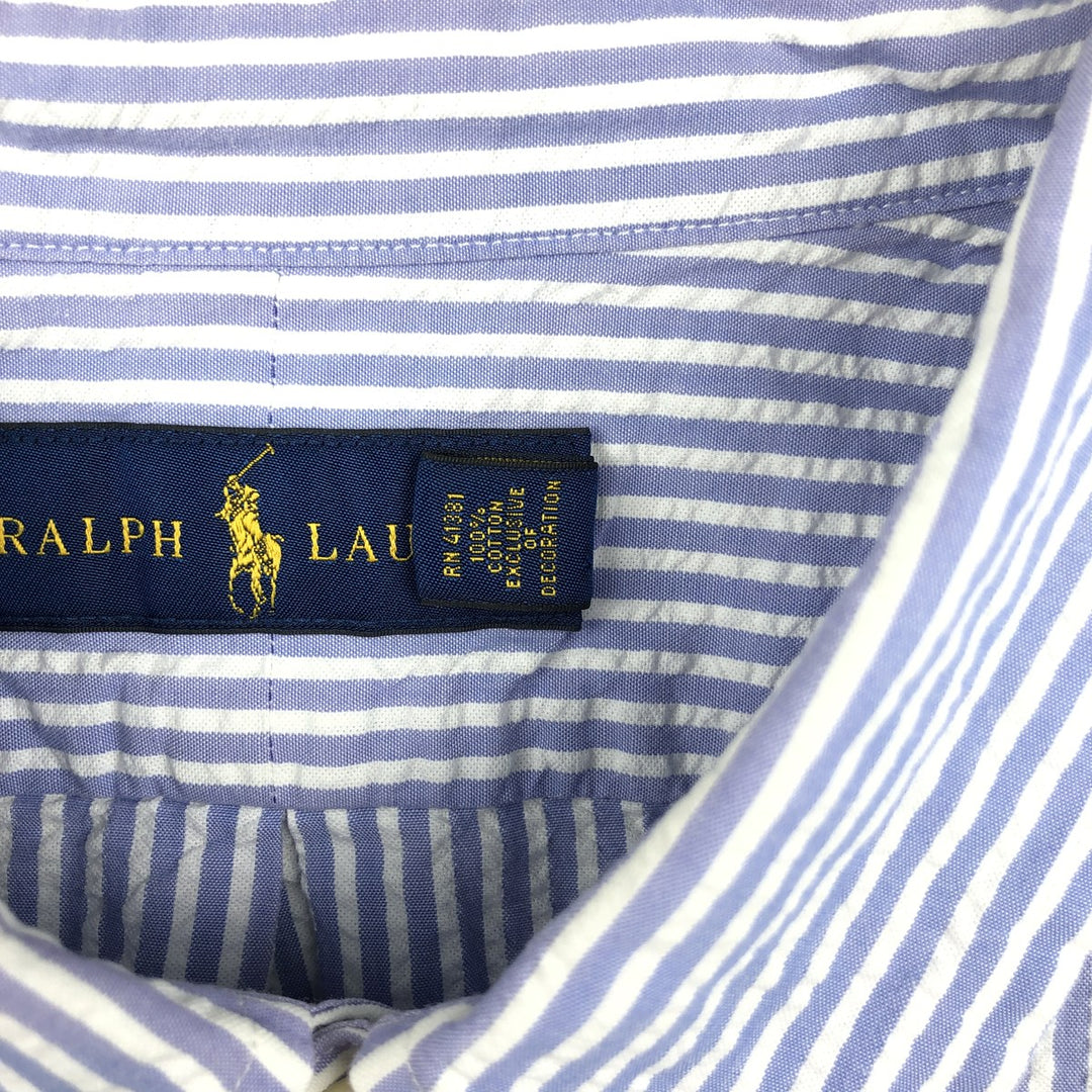 Ralph Lauren Seersucker Short Sleeve Button-Down Striped Shirt Men's XL cotton navy blue type Vintage Second Hand
