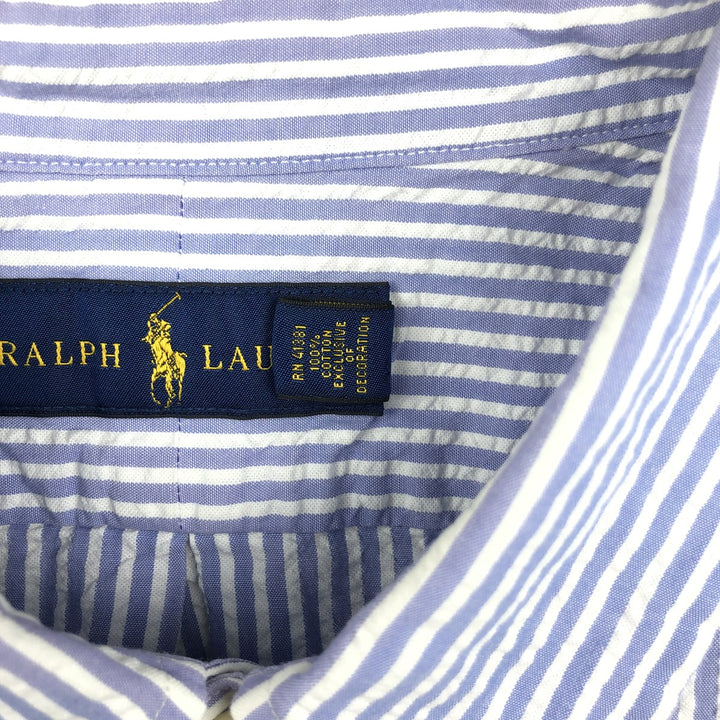 Ralph Lauren Seersucker Short Sleeve Button-Down Striped Shirt Men's XL cotton navy blue type Vintage Second Hand